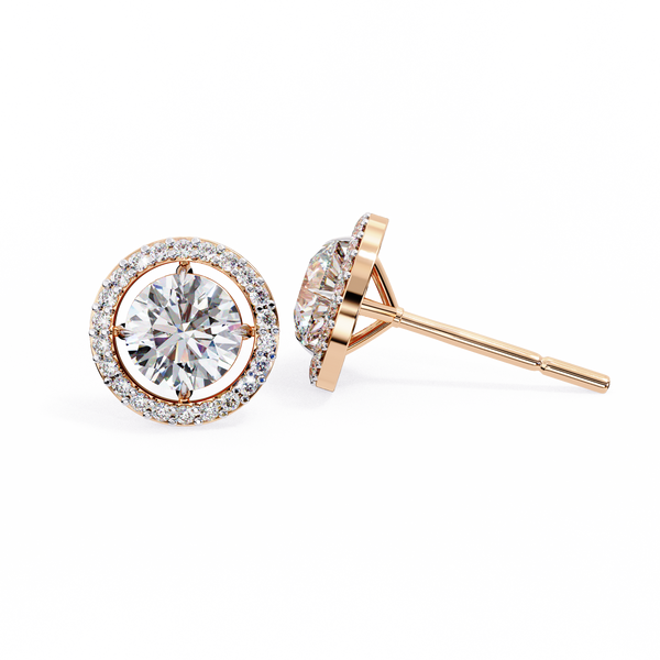 Rose Gold Round Brilliant Diamond Floating Halo Stud Earrings