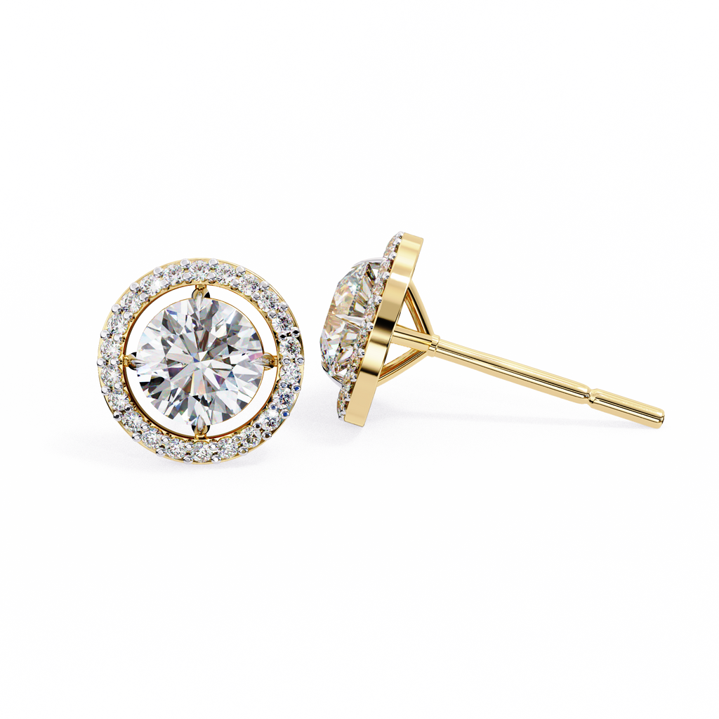 Yellow Gold Round Brilliant Diamond Floating Halo Stud Earring