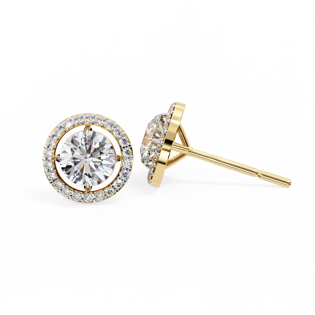 Yellow Gold Round Brilliant Diamond Floating Halo Stud Earring