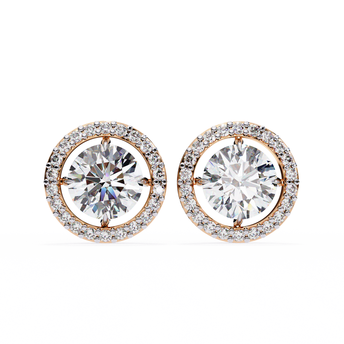 Rose Gold Round Brilliant Diamond Floating Halo Stud Earrings