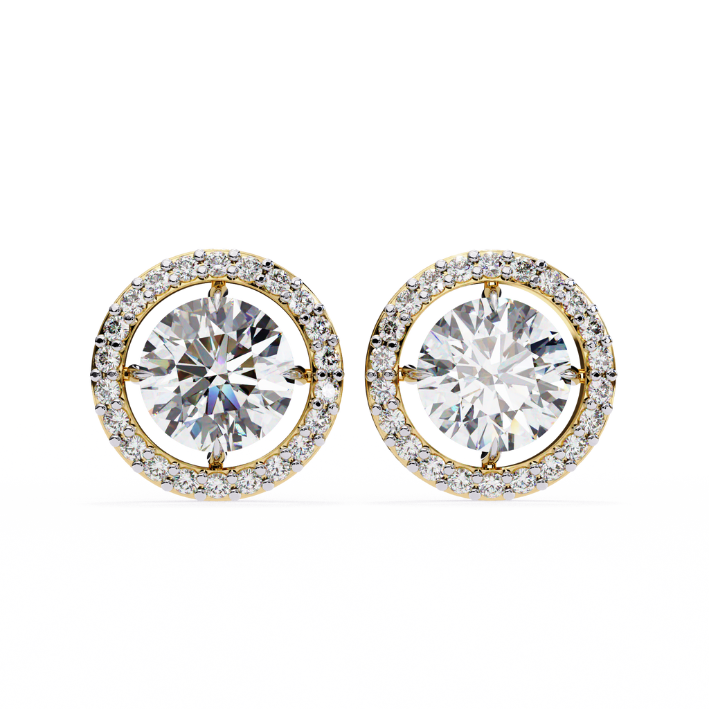 Yellow Gold Round Brilliant Diamond Floating Halo Stud Earring