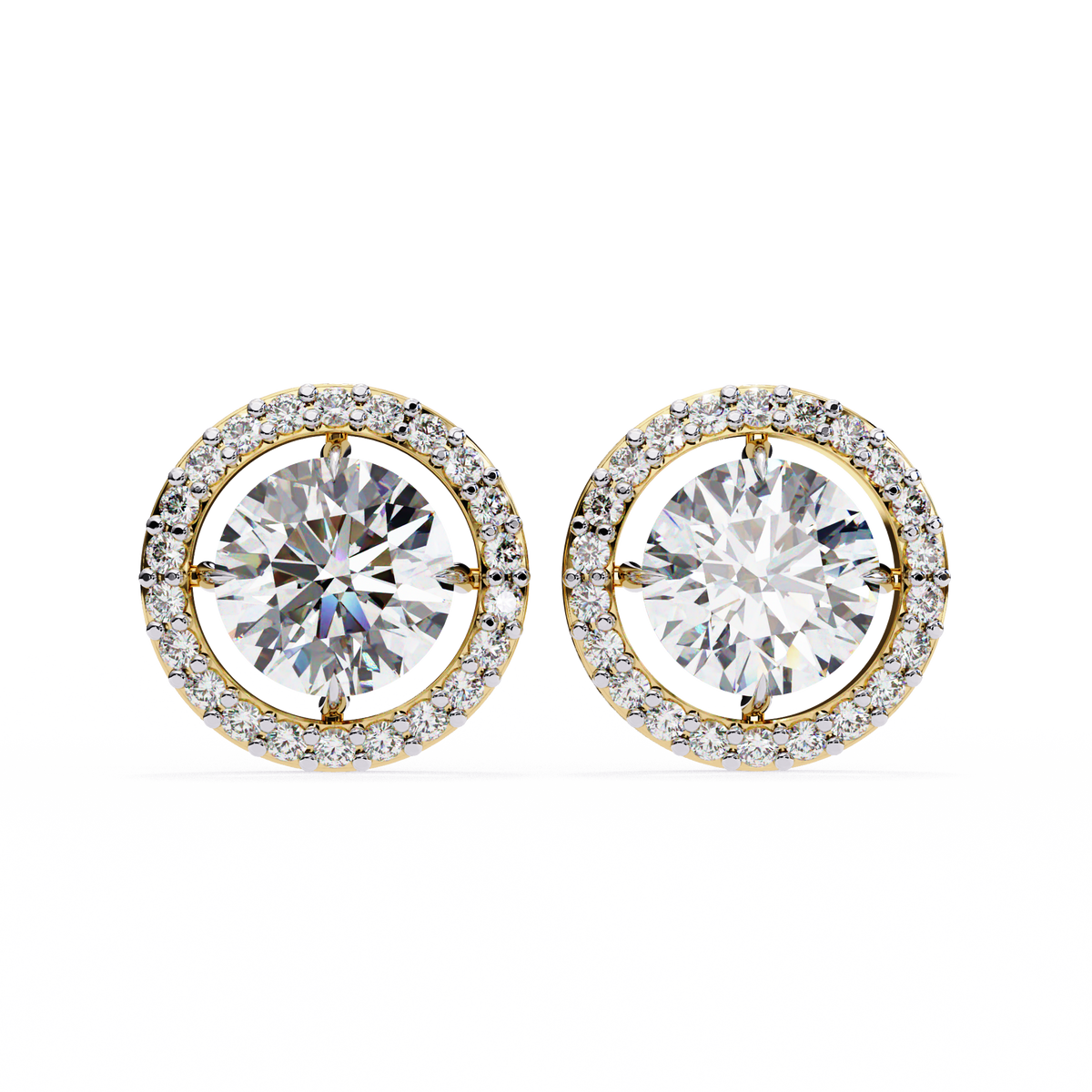 Yellow Gold Round Brilliant Diamond Floating Halo Stud Earring