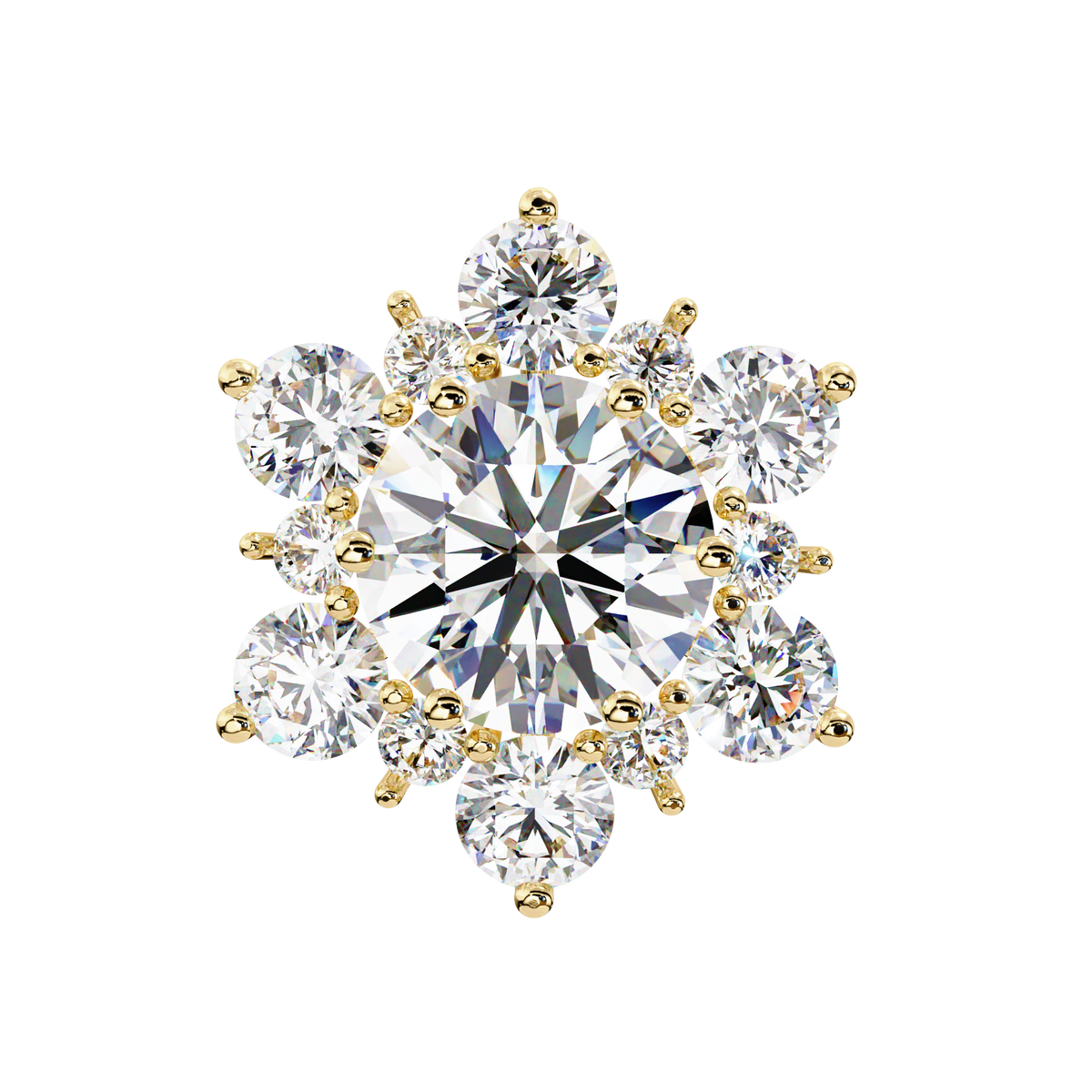 Yellow Gold Round Brilliant Diamond Sunburst Cluster Stud Earring