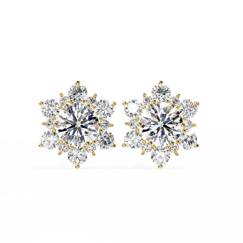 Yellow Gold Round Brilliant Diamond Sunburst Cluster Stud Earring