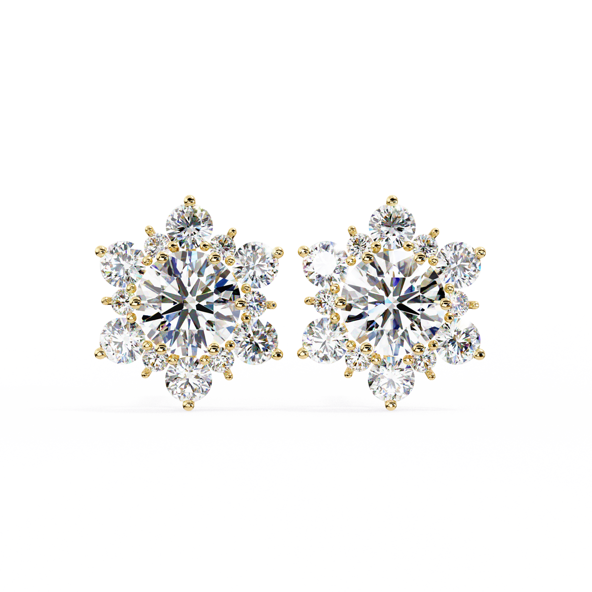 Yellow Gold Round Brilliant Diamond Sunburst Cluster Stud Earring