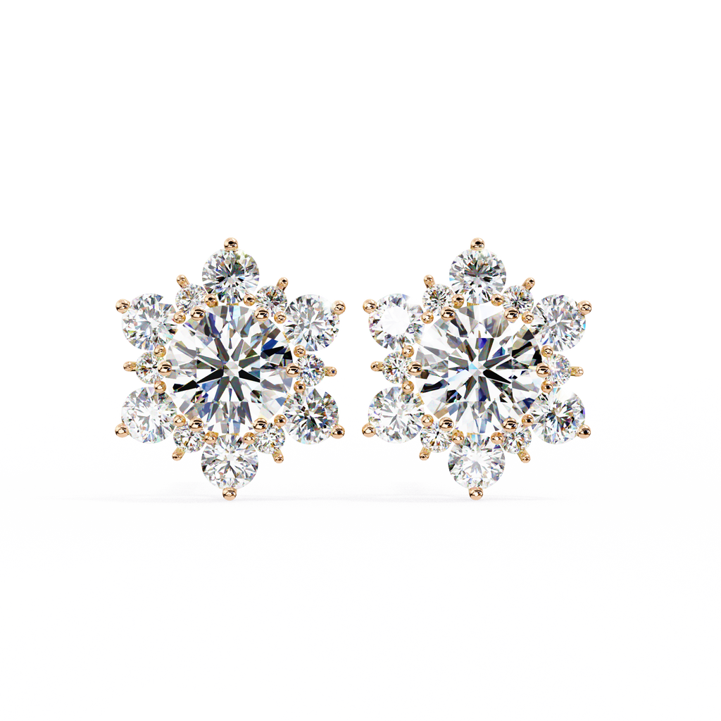 Rose Gold Round Brilliant Diamond Sunburst Cluster Stud Earrings