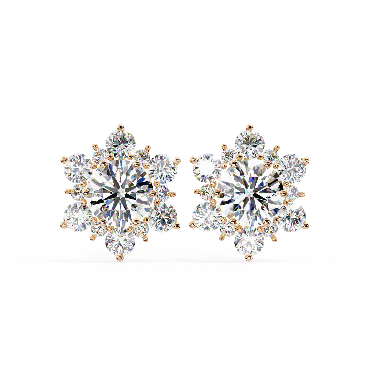 Rose Gold Round Brilliant Diamond Sunburst Cluster Stud Earrings