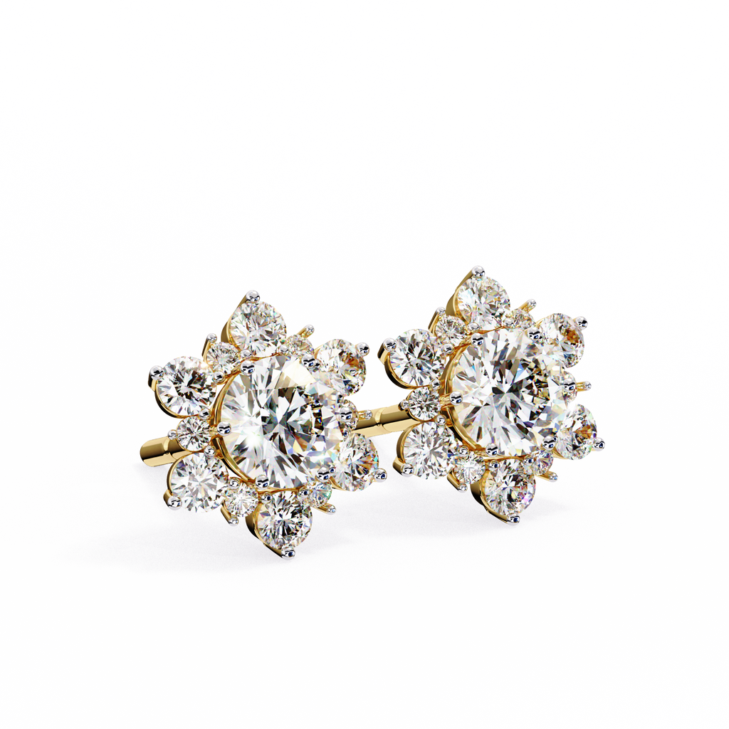 Yellow Gold Round Brilliant Diamond Sunburst Cluster Stud Earring