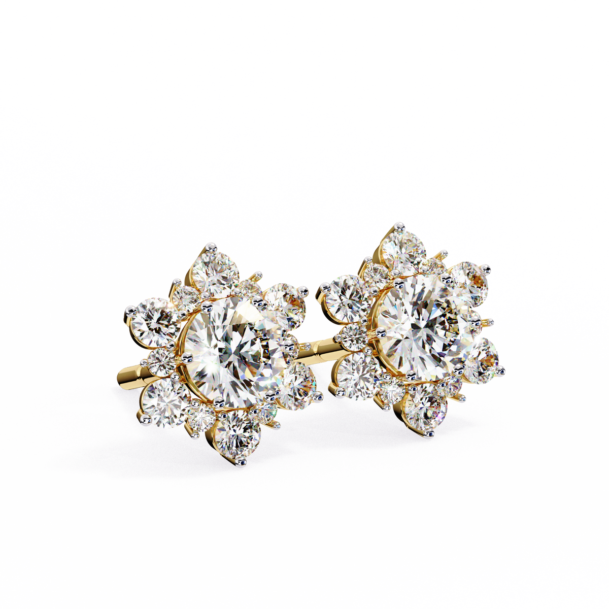 Yellow Gold Round Brilliant Diamond Sunburst Cluster Stud Earring