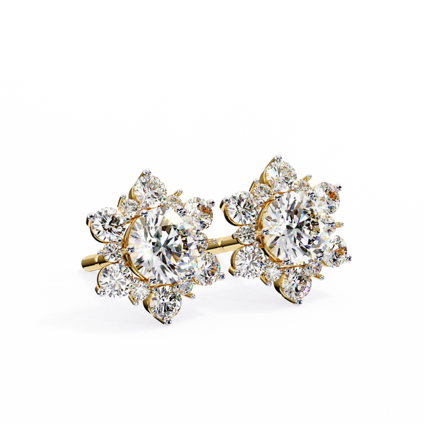 Gold Round Brilliant Diamond Sunburst Cluster Stud Earring