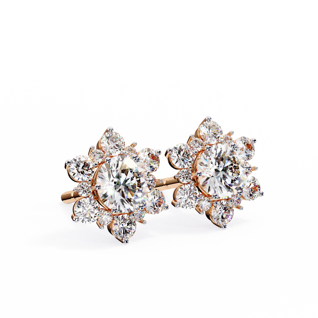 Rose Gold Round Brilliant Diamond Sunburst Cluster Stud Earrings
