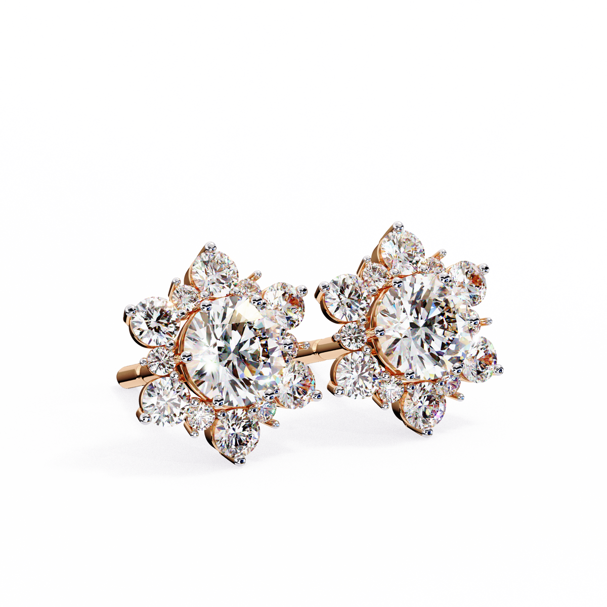 Rose Gold Round Brilliant Diamond Sunburst Cluster Stud Earrings