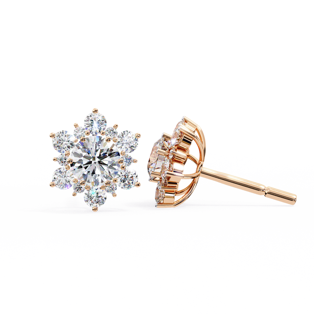 Rose Gold Round Brilliant Diamond Sunburst Cluster Stud Earrings