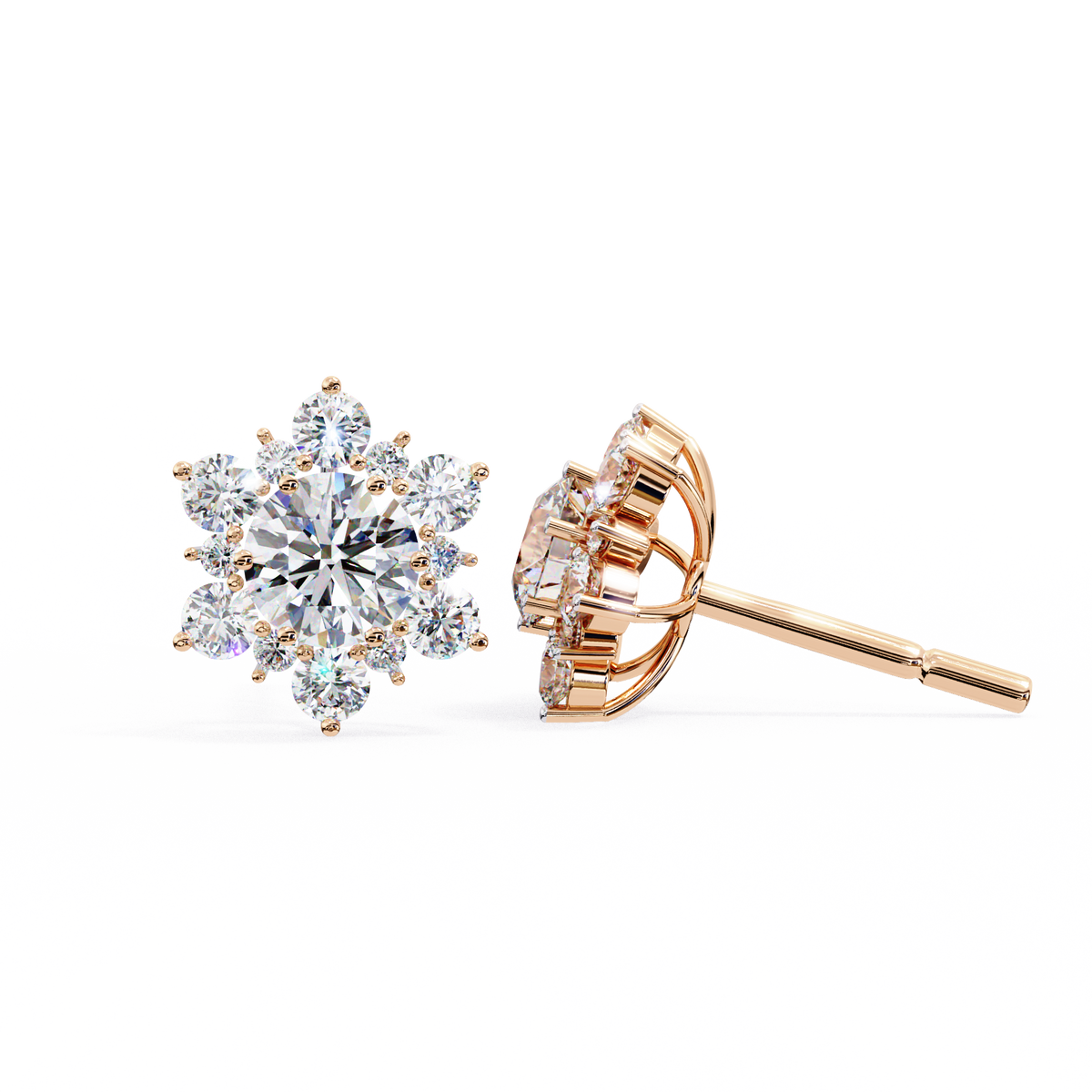 Rose Gold Round Brilliant Diamond Sunburst Cluster Stud Earrings
