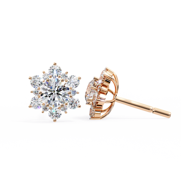 Rose Gold Round Brilliant Diamond Sunburst Cluster Stud Earrings