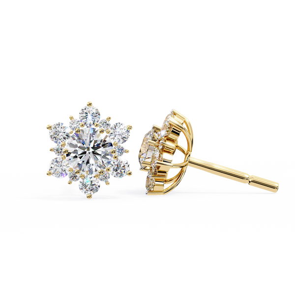 Gold Round Brilliant Diamond Sunburst Cluster Stud Earring