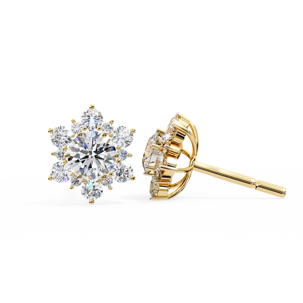 Yellow Gold Round Brilliant Diamond Sunburst Cluster Stud Earring