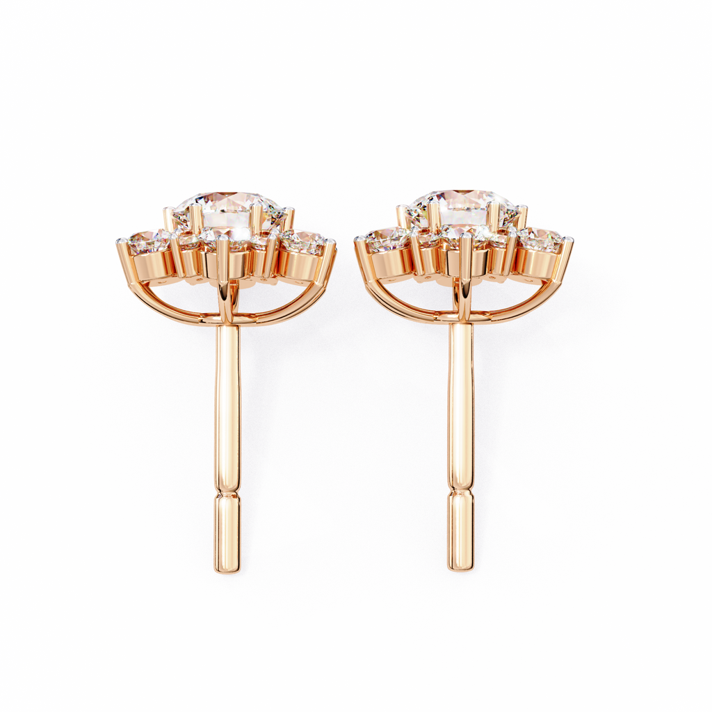Rose Gold Round Brilliant Diamond Sunburst Cluster Stud Earrings