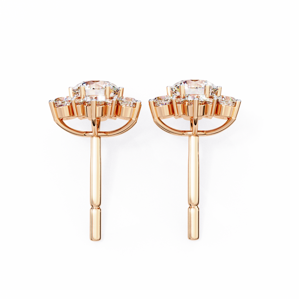 Rose Gold Round Brilliant Diamond Sunburst Cluster Stud Earrings