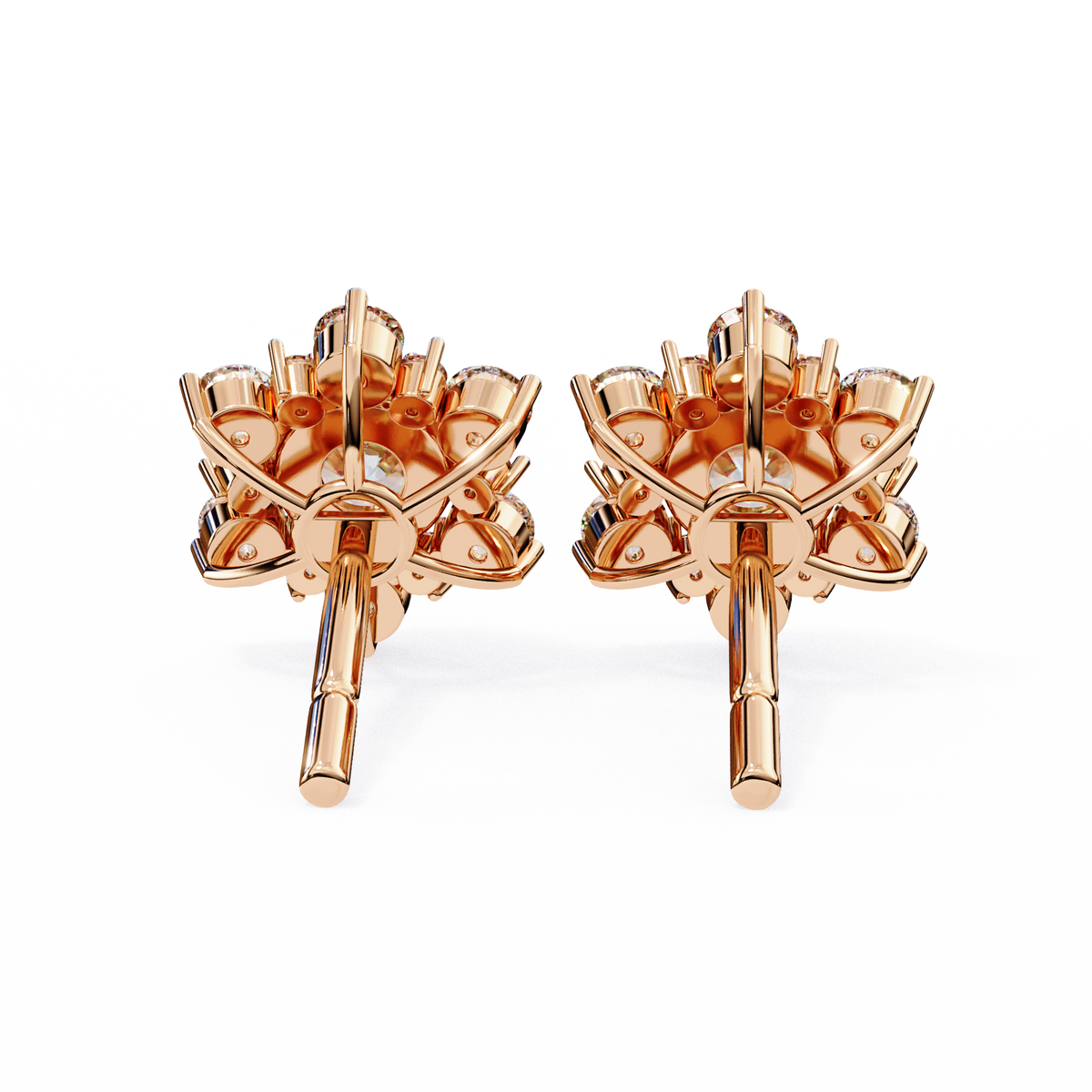 Rose Gold Round Brilliant Diamond Sunburst Cluster Stud Earrings