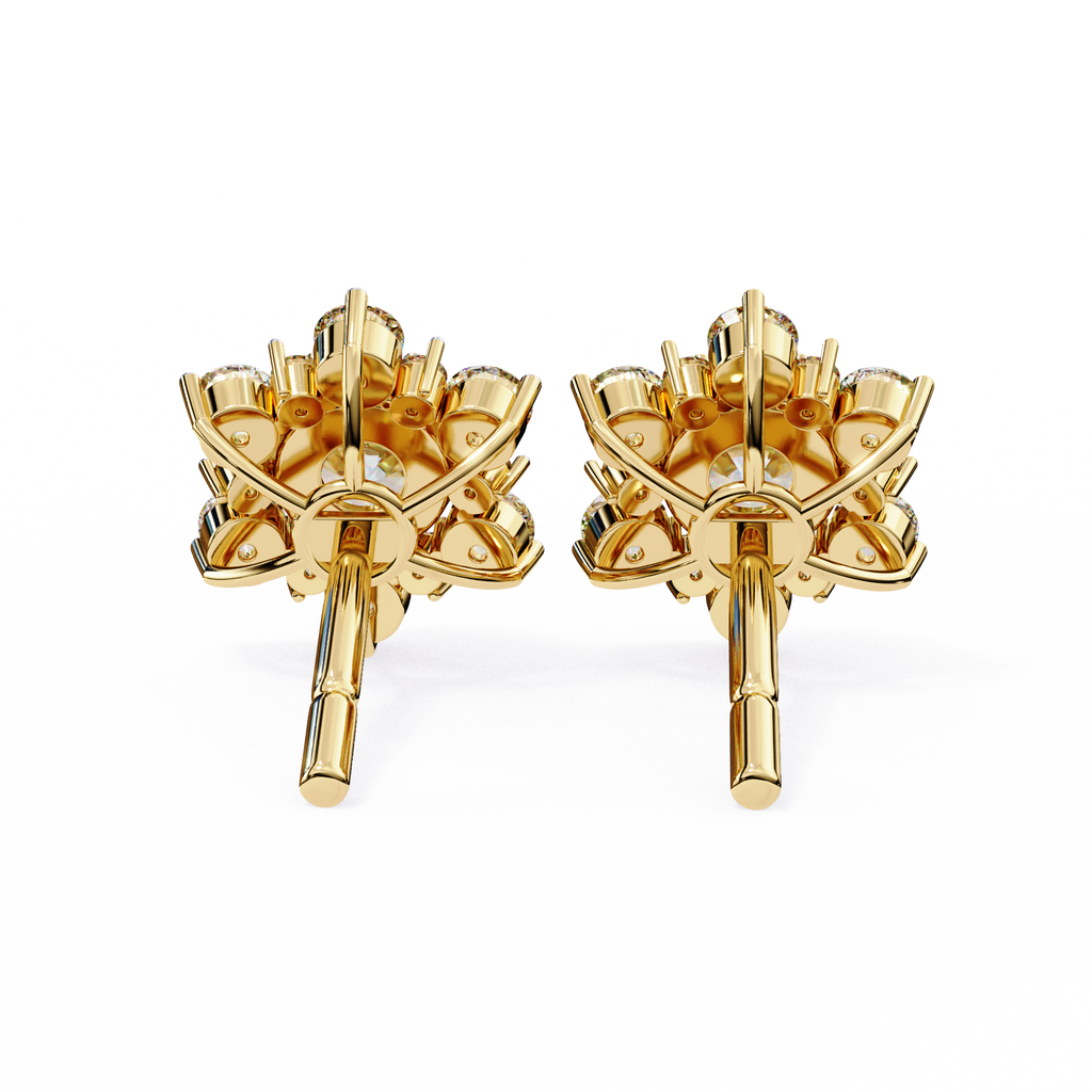 Yellow Gold Round Brilliant Diamond Sunburst Cluster Stud Earring
