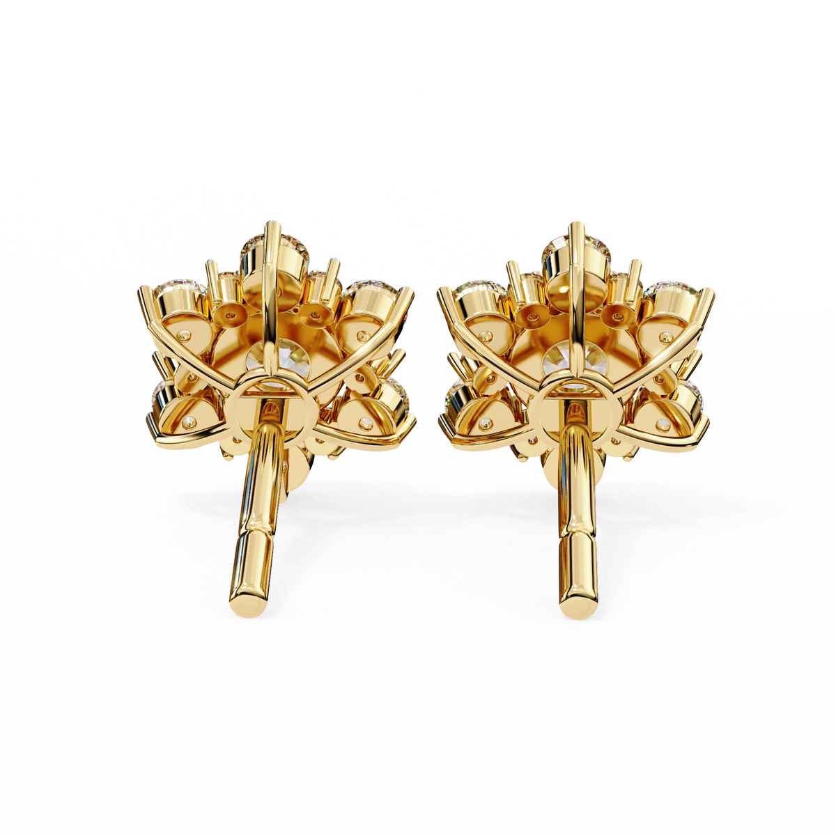 Yellow Gold Round Brilliant Diamond Sunburst Cluster Stud Earring