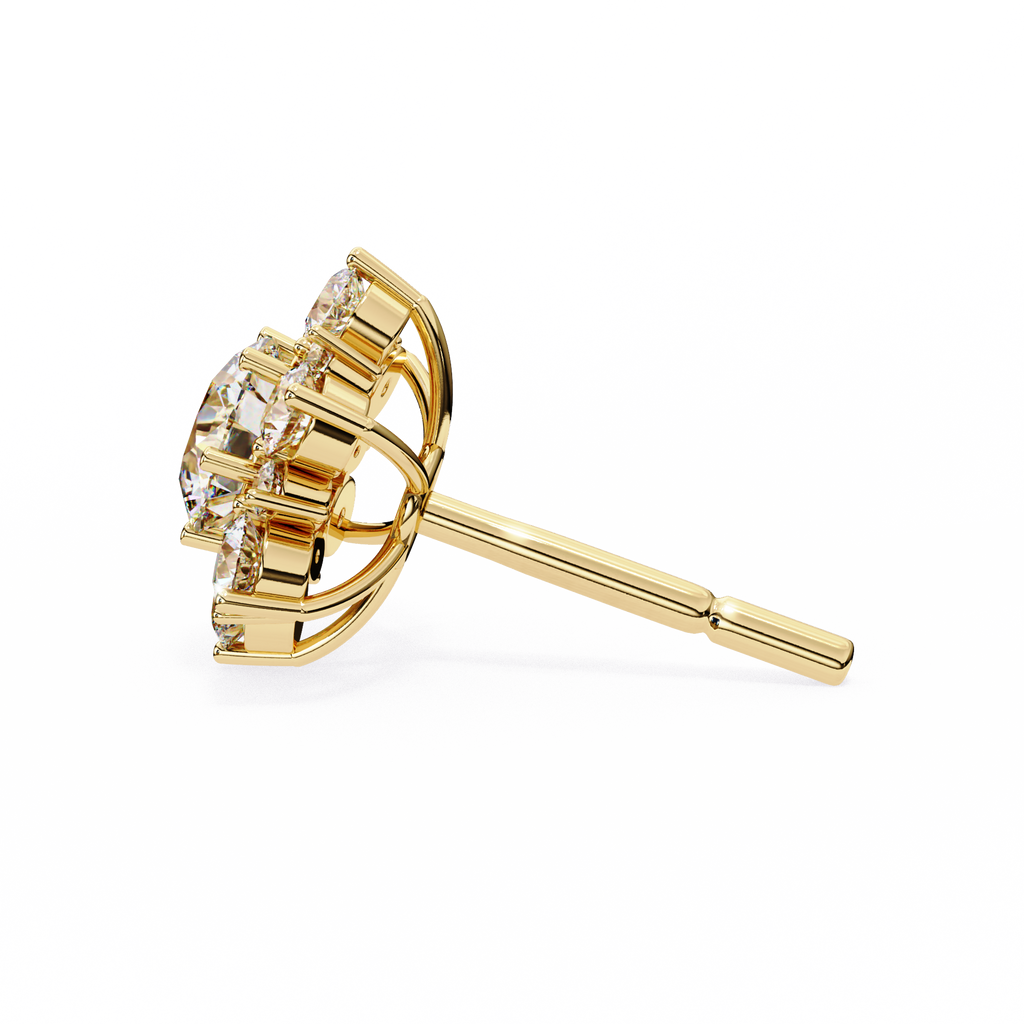 Yellow Gold Round Brilliant Diamond Sunburst Cluster Stud Earring