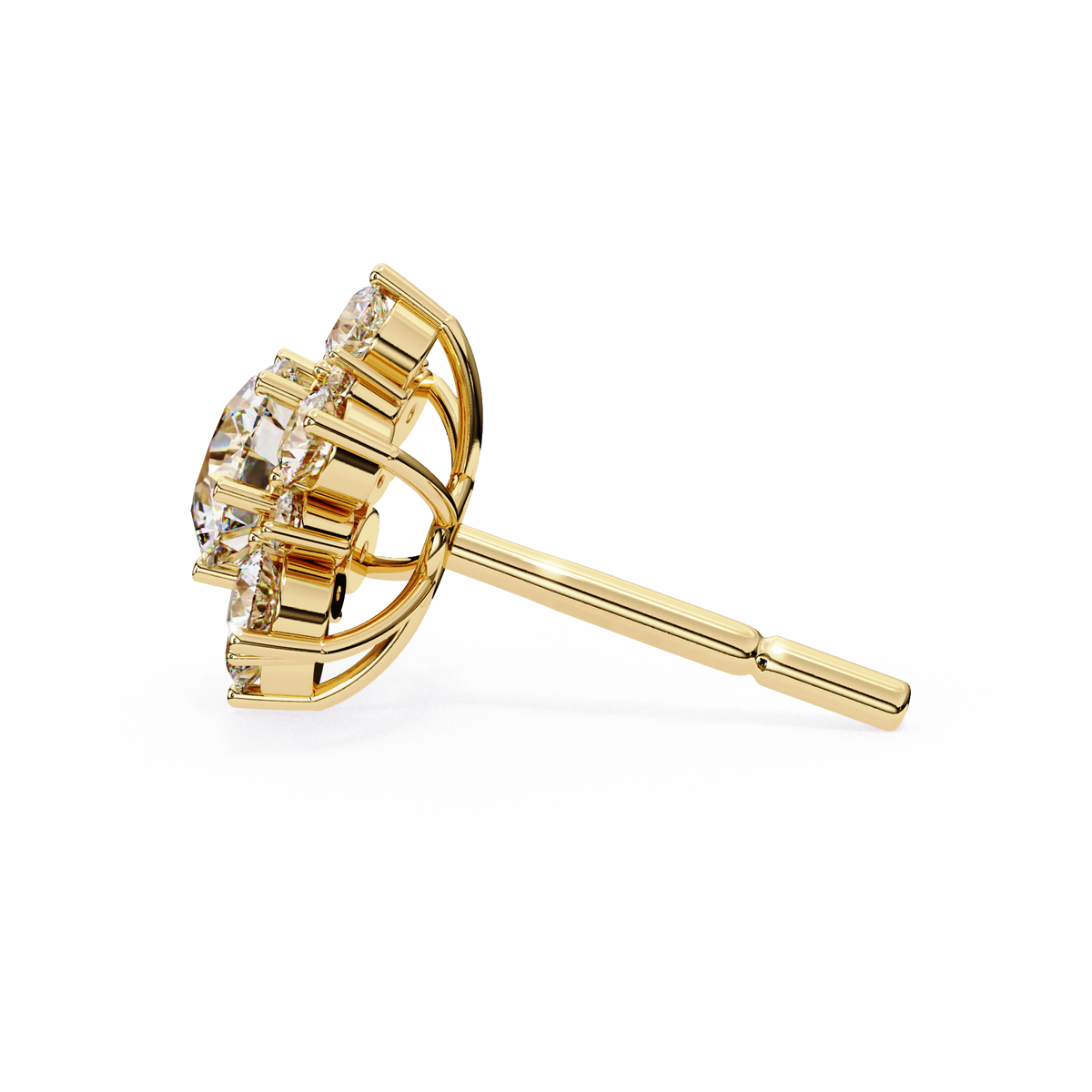 Yellow Gold Round Brilliant Diamond Sunburst Cluster Stud Earring