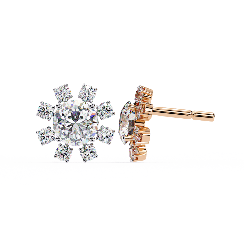 Rose Gold Round Brilliant Diamond Starburst Halo Stud Earrings