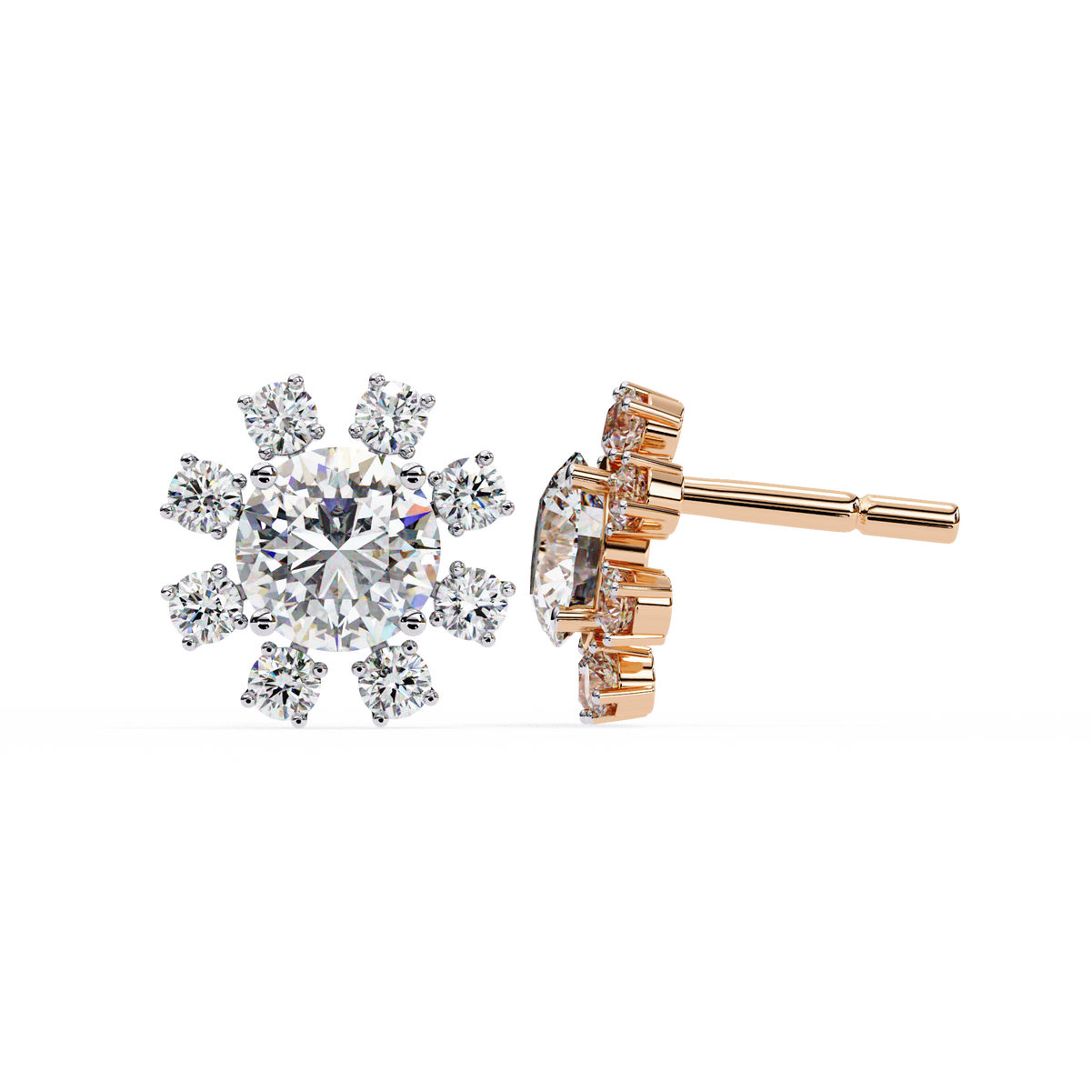 Rose Gold Round Brilliant Diamond Starburst Halo Stud Earrings