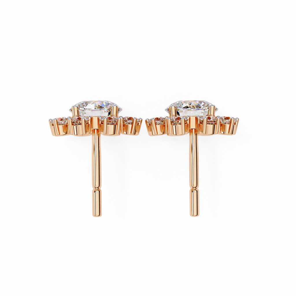 Rose Gold Round Brilliant Diamond Starburst Halo Stud Earrings