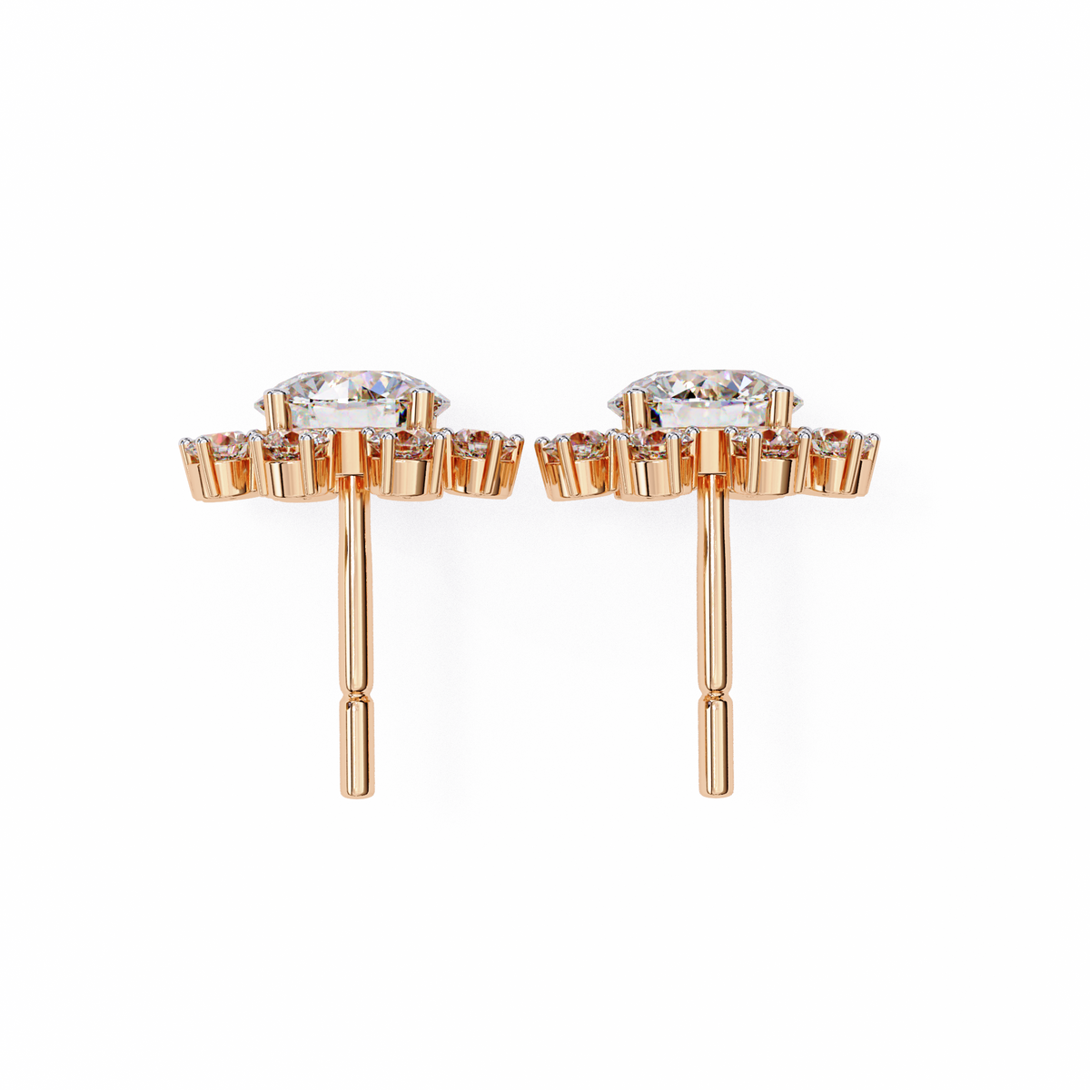 Rose Gold Round Brilliant Diamond Starburst Halo Stud Earrings