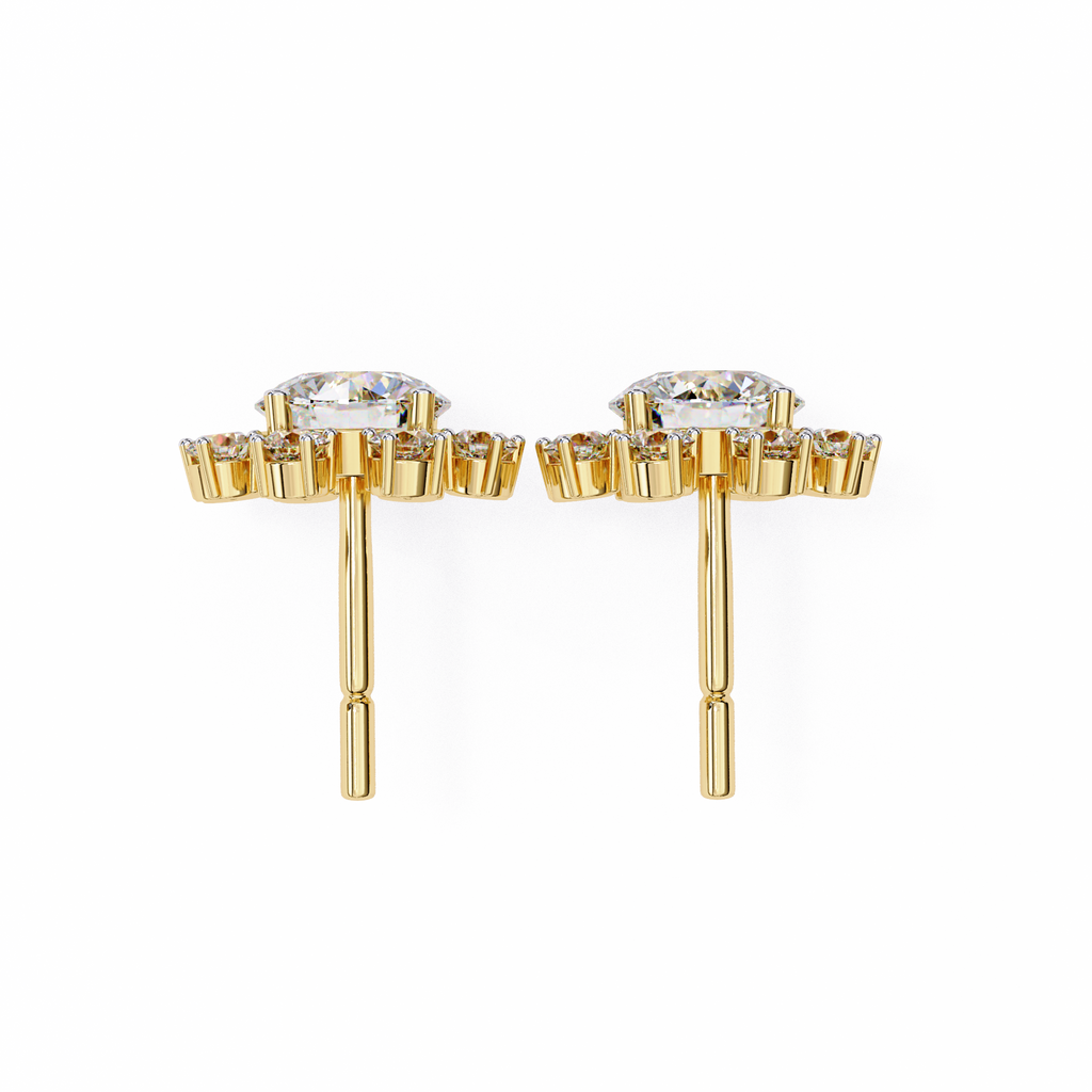 Yellow Gold Round Brilliant Diamond Starburst Halo Stud Earring