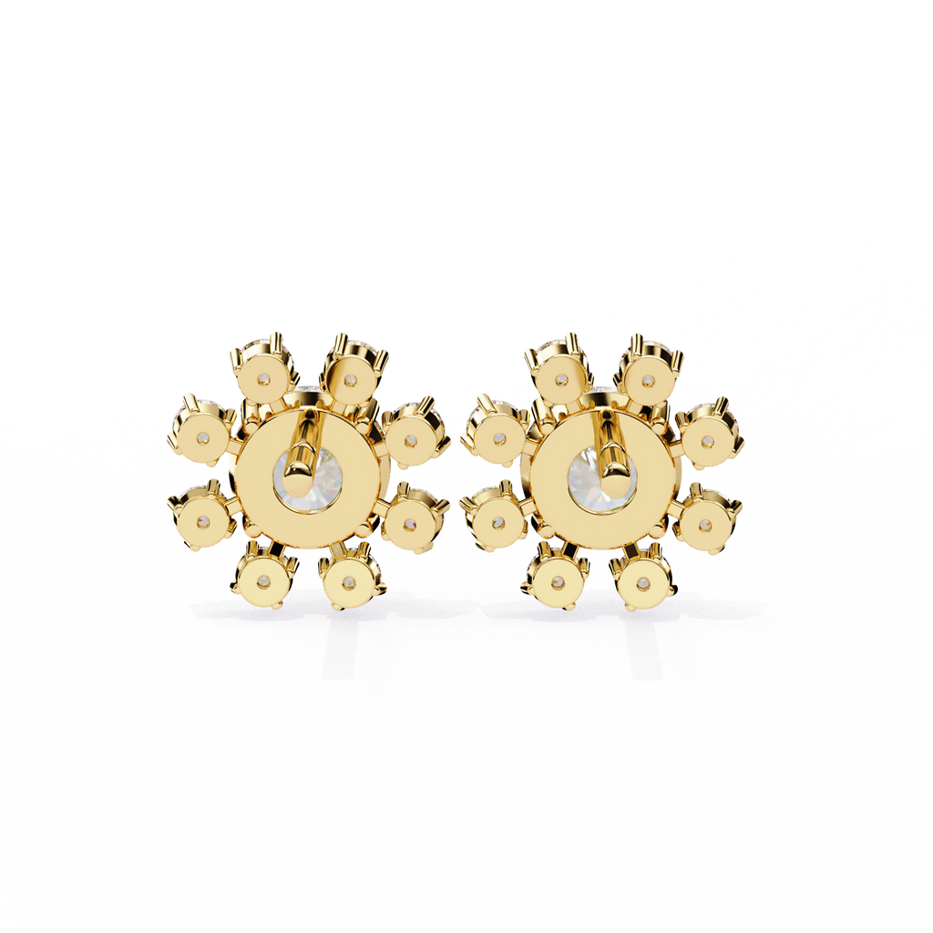 Yellow Gold Round Brilliant Diamond Starburst Halo Stud Earring