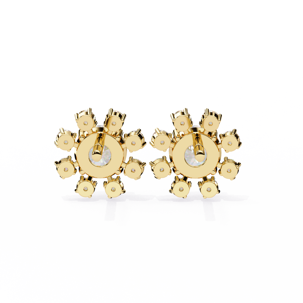 Yellow Gold Round Brilliant Diamond Starburst Halo Stud Earring