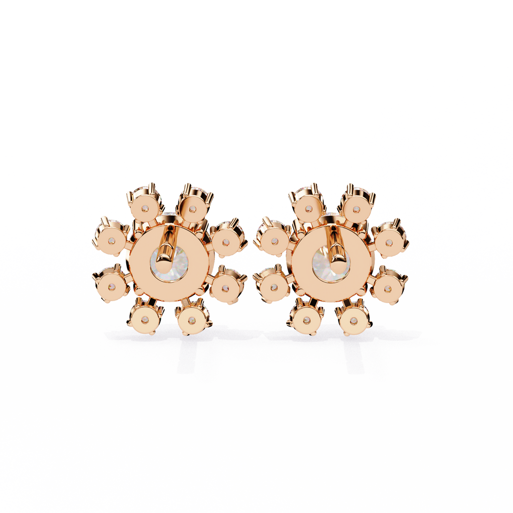 Rose Gold Round Brilliant Diamond Starburst Halo Stud Earrings