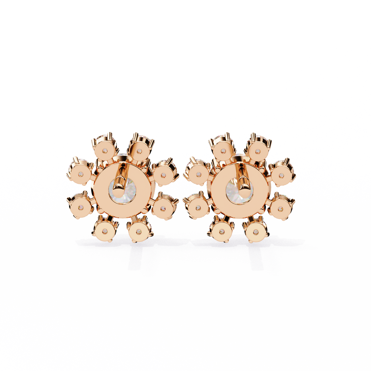 Rose Gold Round Brilliant Diamond Starburst Halo Stud Earrings