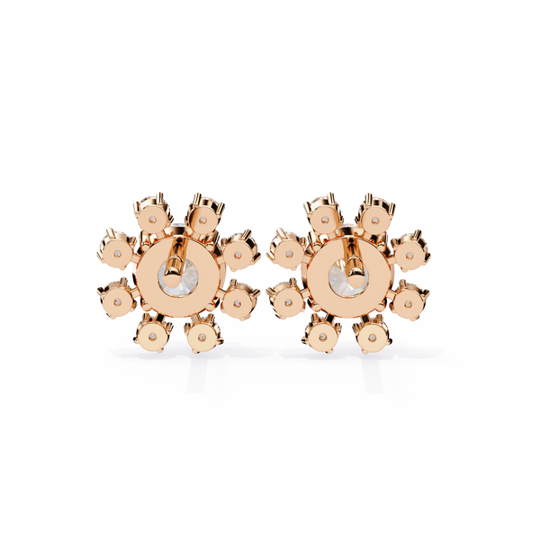 Rose Gold Round Brilliant Diamond Starburst Halo Stud Earrings