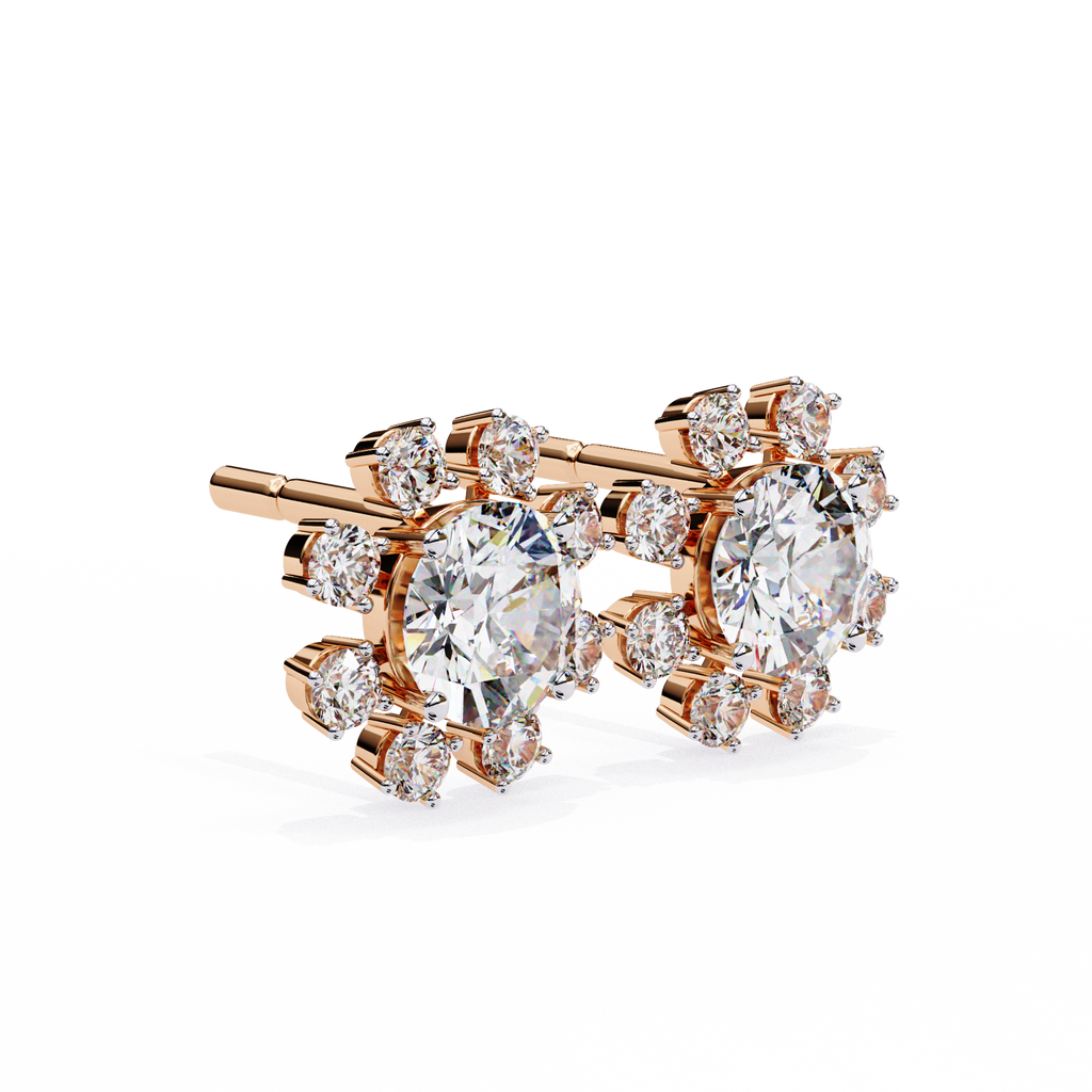 Rose Gold Round Brilliant Diamond Starburst Halo Stud Earrings