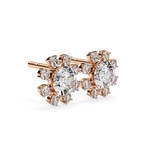 Rose Gold Round Brilliant Diamond Starburst Halo Stud Earrings