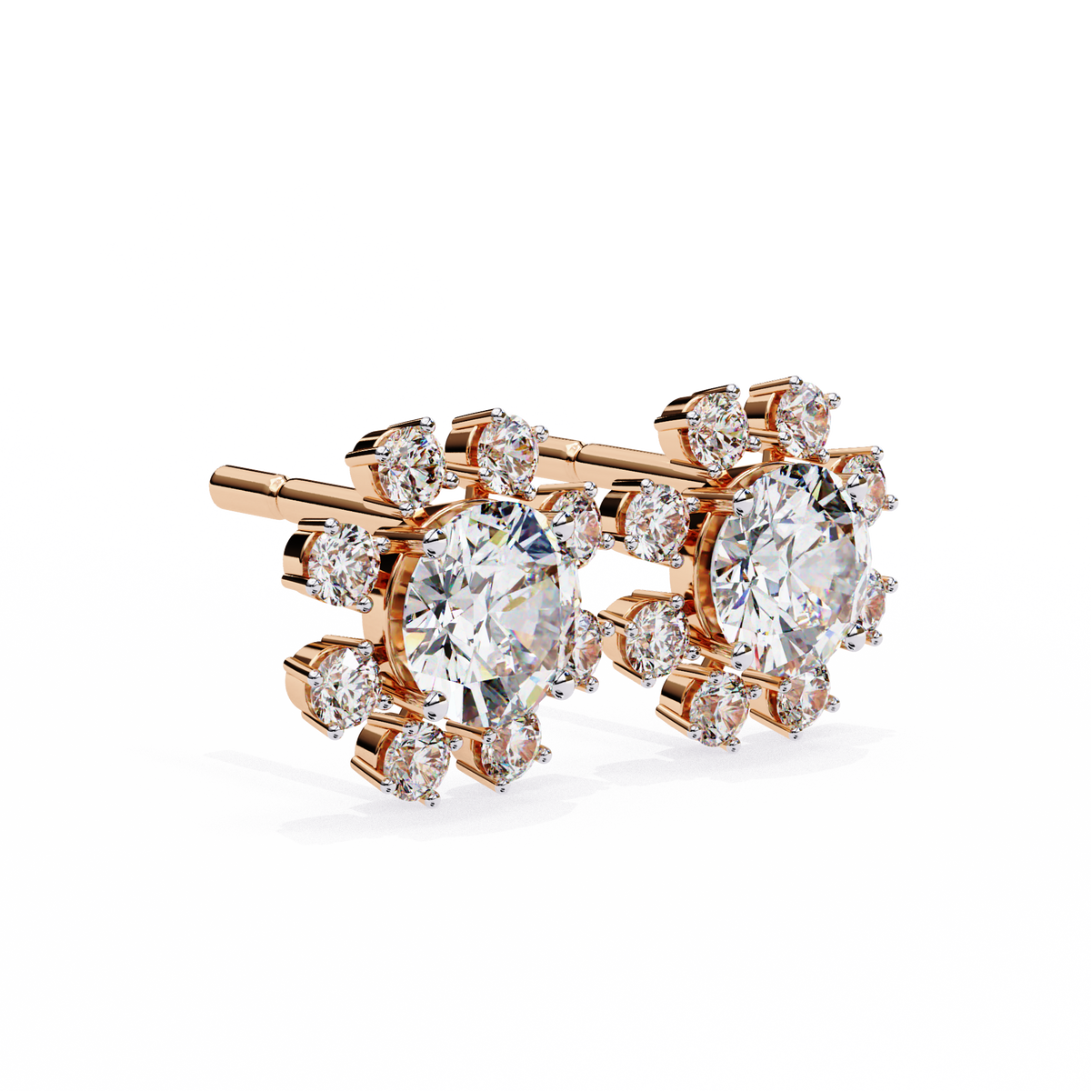 Rose Gold Round Brilliant Diamond Starburst Halo Stud Earrings