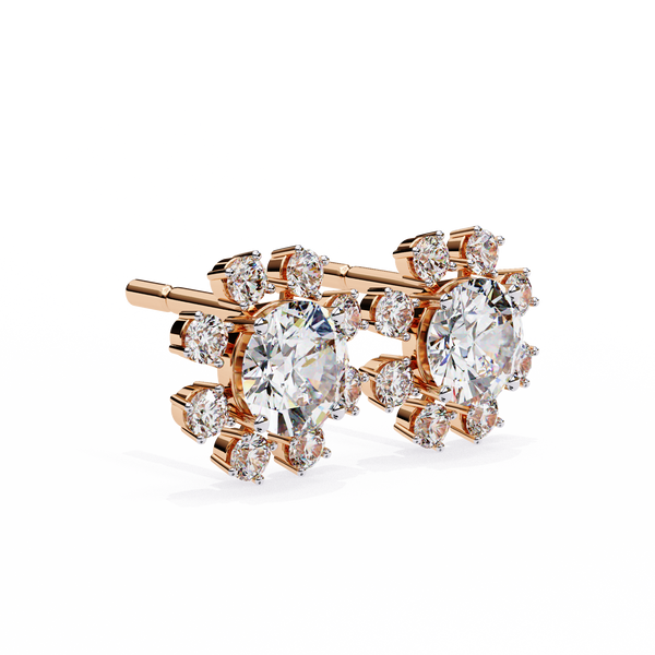 Rose Gold Round Brilliant Diamond Starburst Halo Stud Earrings