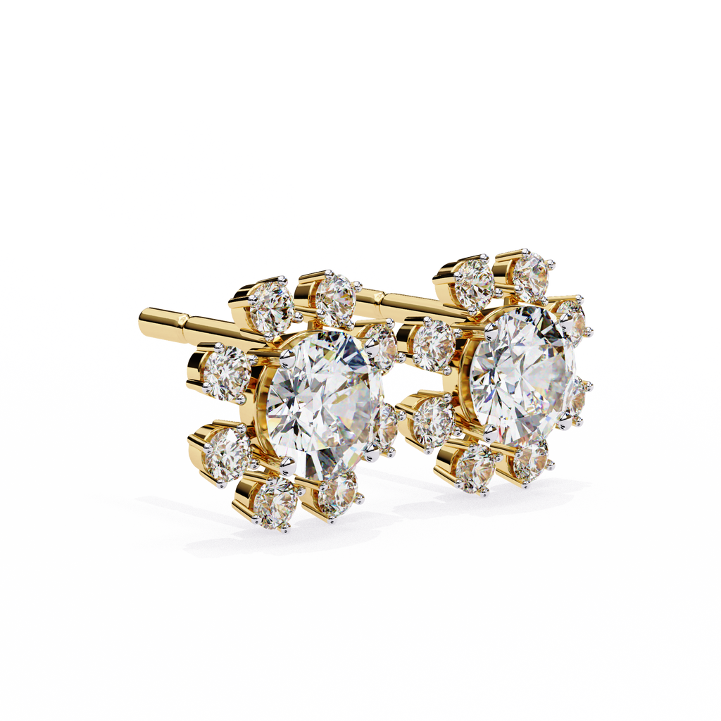 Yellow Gold Round Brilliant Diamond Starburst Halo Stud Earring