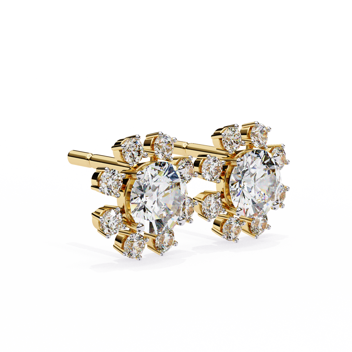 Yellow Gold Round Brilliant Diamond Starburst Halo Stud Earring