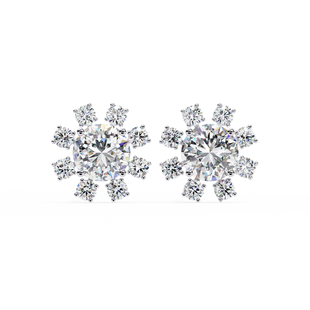 Rose Gold Round Brilliant Diamond Starburst Halo Stud Earrings