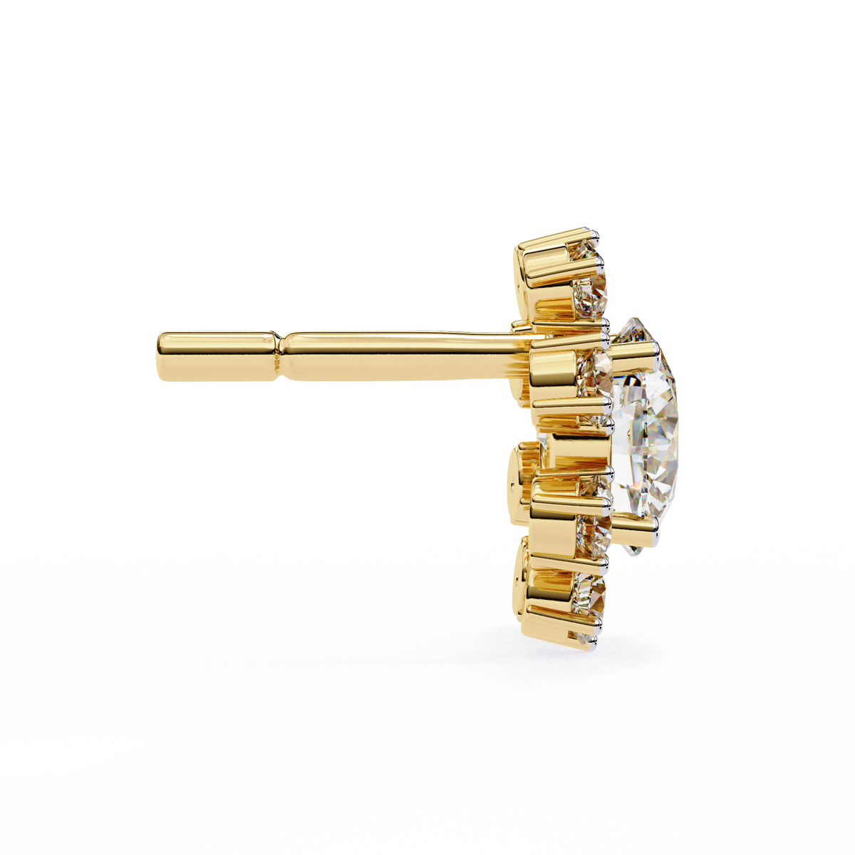Yellow Gold Round Brilliant Diamond Starburst Halo Stud Earring