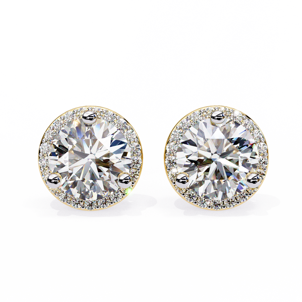Yellow Gold Round Brilliant Diamond Halo Stud Earring