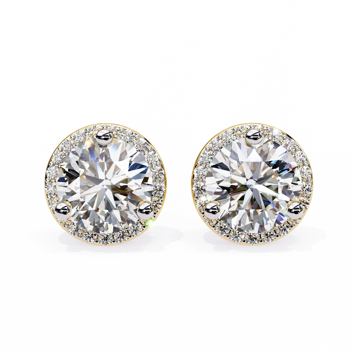 Yellow Gold Round Brilliant Diamond Halo Stud Earring