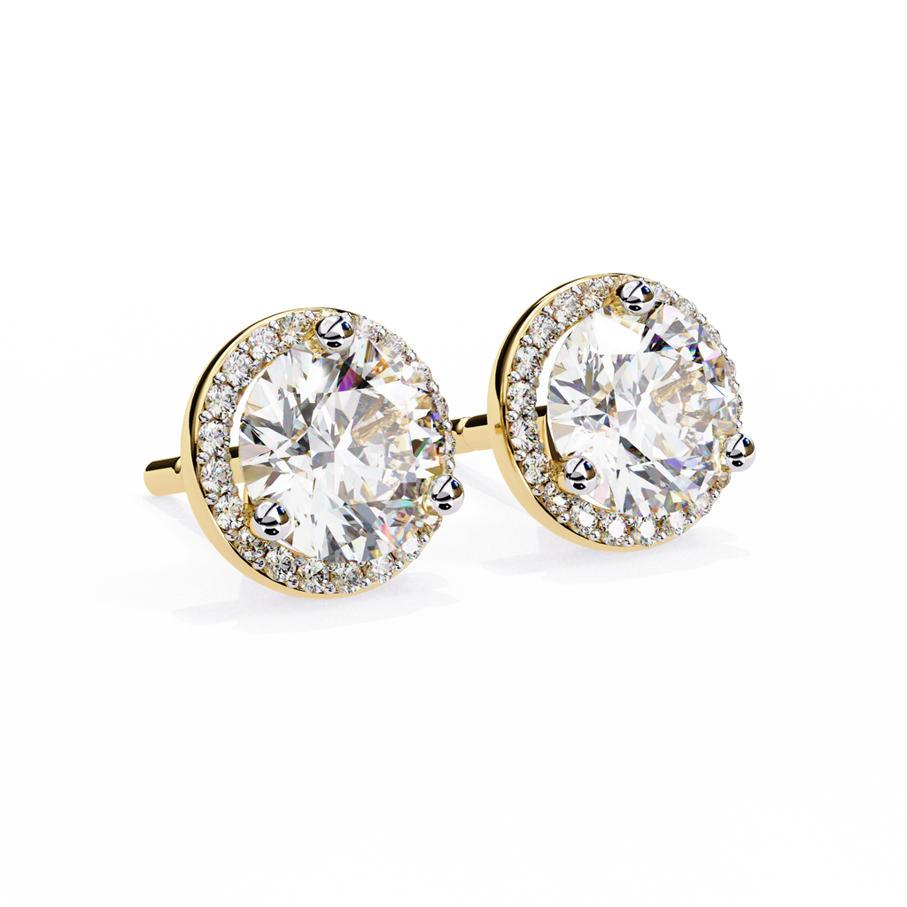 Yellow Gold Round Brilliant Diamond Halo Stud Earring