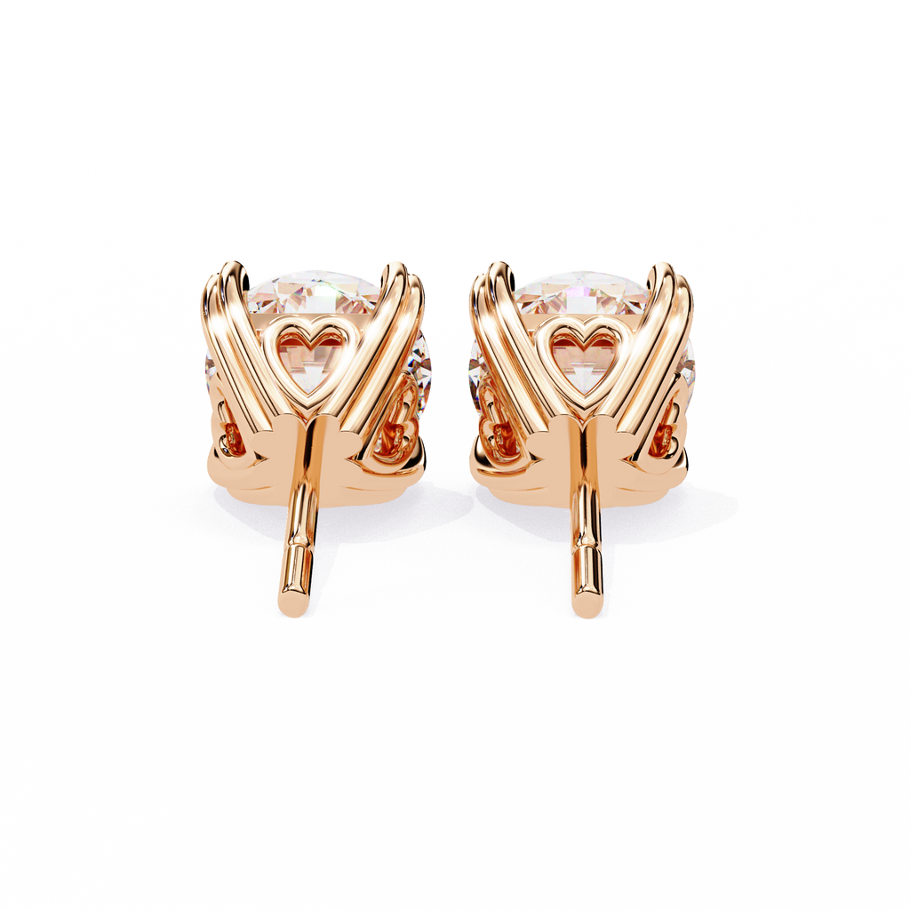 Rose Gold Heart Basket Solitaire Diamond Stud Earrings